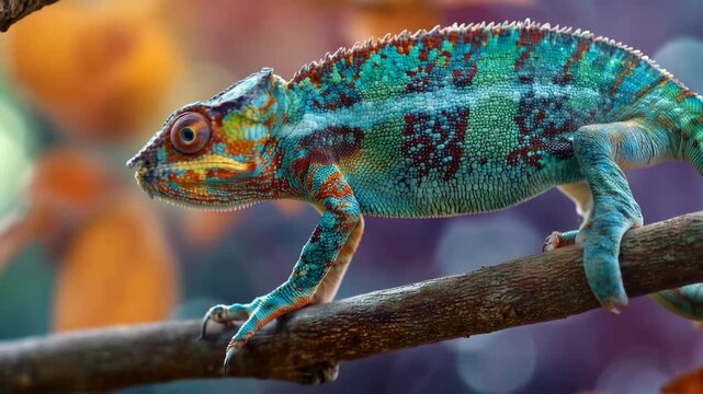 Colorful chameleon resting on a branch during daylight in a vibrant forest setting with blurred background