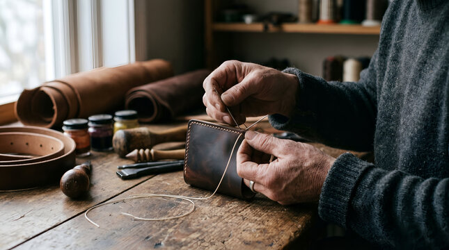 Artisan hands stitching handmade leather wallet with needle in workshop