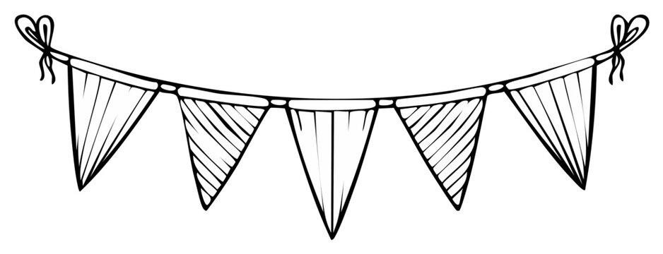 Hand drawn festive banner with triangular flags hanging from a string. Line drawing style for decoration, invitations, or party themes.