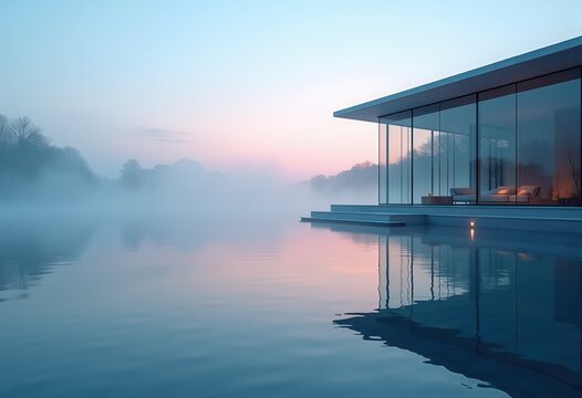 Contemporary Glass Structure Overlooking Shimmering Lake at Dawn with Mist and Reflections