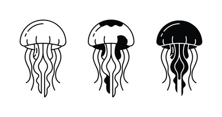 Jellyfish Icons Set, Marine Life Vector Graphics, Ocean Creatures Silhouette Collection © Shibli