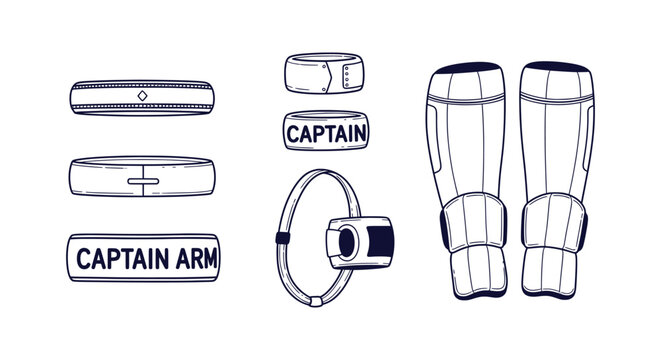Minimalist vector illustrations of captain armbands and soccer shin guards for sports equipment