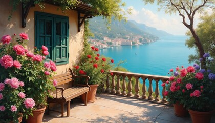 Obraz premium Balcony overlooking calm sea city. Blooming pink red peonies and red roses in pots near bench. Green shutters on building wall. Tall tree casts shadow.
