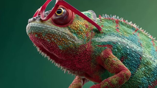 Chameleon wearing red glasses poses against a green background while displaying its bright colors and unique texture in an interesting scene
