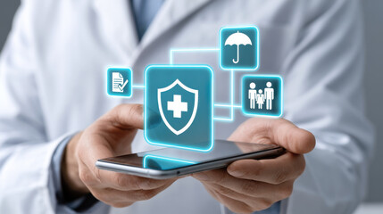 Obraz premium Healthcare shield icon on mobile phone held by professional, medical insurance concept, glowing interface connecting family and policy symbols