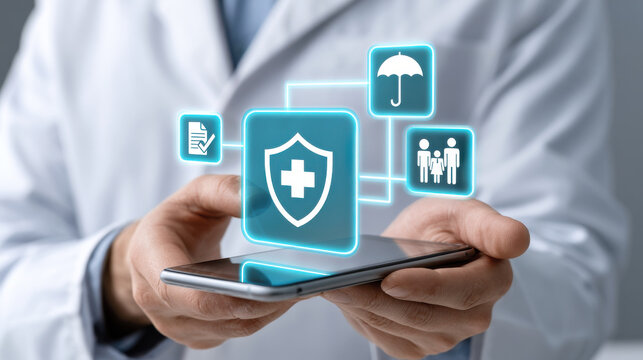 Healthcare shield icon on mobile phone held by professional, medical insurance concept, glowing interface connecting family and policy symbols