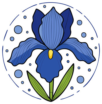 Stylized illustration of a vibrant blue iris flower with green leaves and a dotted border