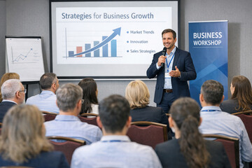 Fototapeta premium Businessman speaks to audience during workshop presentation. Presenter gestures toward a growth chart on projection screen. Attendees sit facing speaker, focused on session content