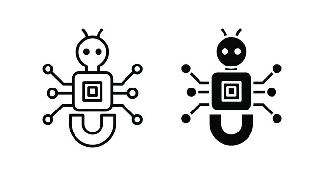 Tech bug icon set representing software glitches and digital security threats in clean black outline and solid style for cybersecurity and programming documentation and developer interface design