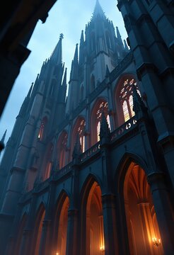 Gothic Cathedral Twilight Atmosphere Artisan Intricate Stonework Towering Spires Dramatic Shadows