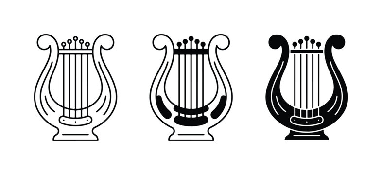 Ancient Greek lyre icons set, black and white harp vector illustrations, classical music symbols
