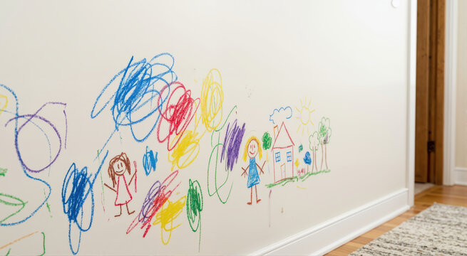 Colorful child crayon drawings and scribbles on a white wall. Messy kids art on an interior household surface