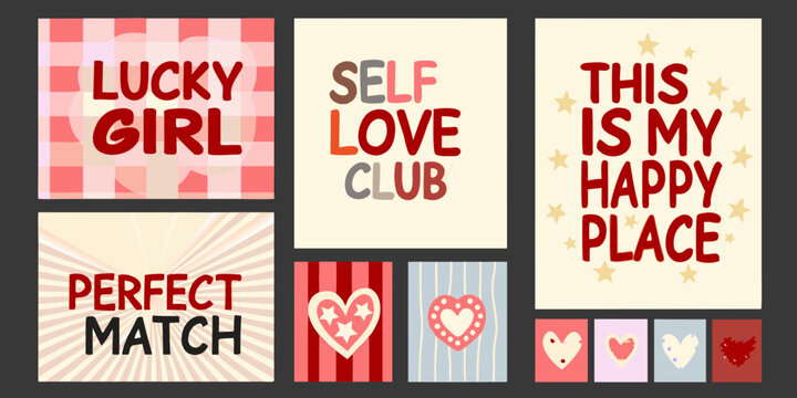illustrated cards with romantic phrases and decorative backgrounds