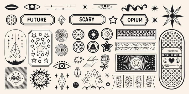 retro futuristic icons and symbols collection black and white