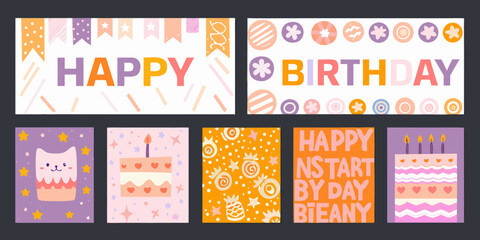 playful birthday greeting card collection colorful hand drawn style © MSTShikha
