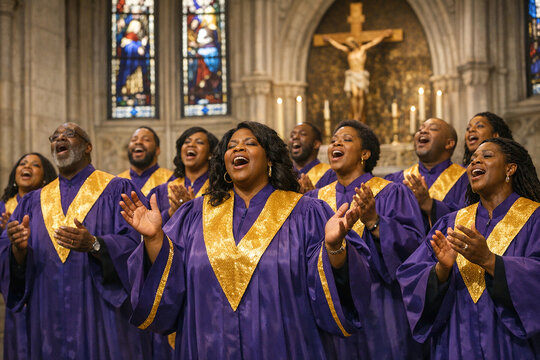 Purple robes with gold trim worn by choir members. Choir sings joyfully in a church with stained glass windows. Crisp, well-lit image of worshipful gospel singers