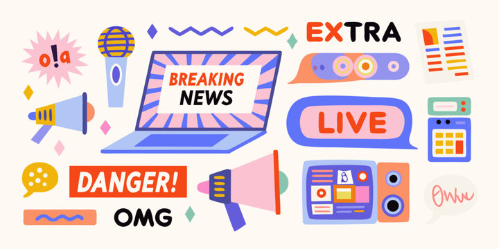 News media flat vector collage with breaking news and live broadcast elements