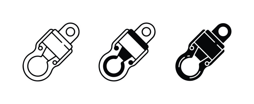 Industrial swivel snap hook icons, metal climbing carabiner set, 3 black and white vector elements