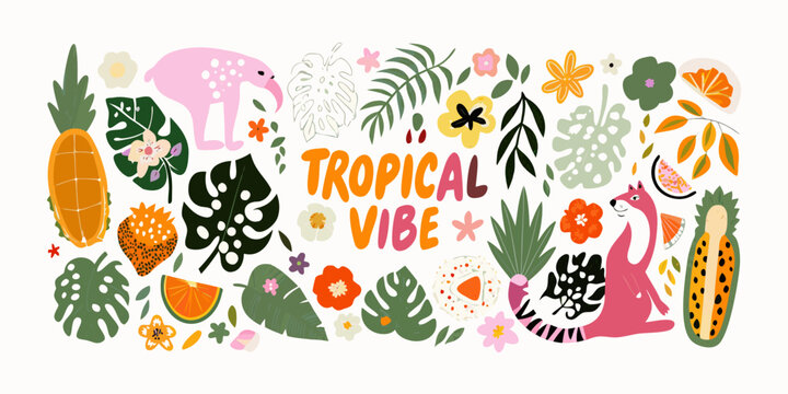 Tropical illustration with jungle plants fruits and animal characters