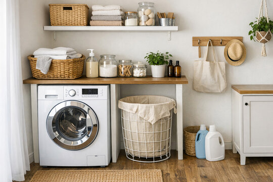 Cozy laundry room with washer and storage. Wooden shelves hold baskets and jars. Woven baskets and cloth bags add charm. Potted plant adds greenery to space. Natural light enhances clean, warm feel