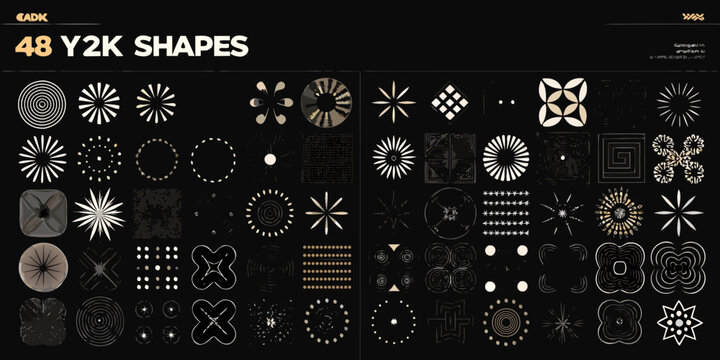 Geometric shapes collection abstract y2k style grid pattern on black