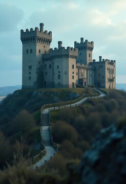 Norman Castle Keep Crenellated Hilltop Stronghold Majestic Historical Structure Fortress Elevation