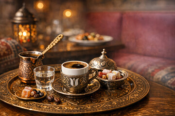 Fototapeta premium An ornate tea set with cups and saucers filled with pastries, served in an ambient setting with warm lighting.