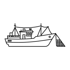 Fototapeta premium Small fishing trawler boat with net in side view profile illustration for maritime industry and nautical concept design