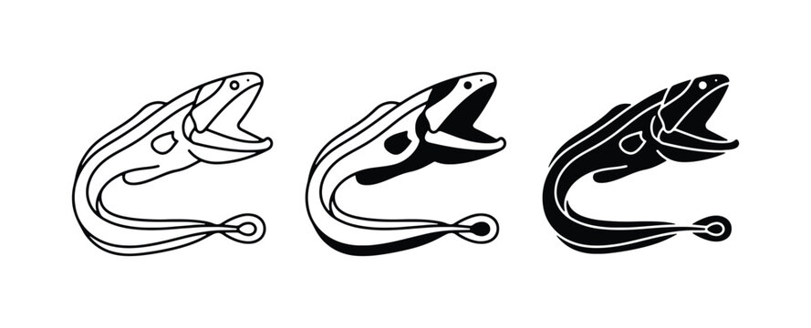 Three stylized moray eels, line art and silhouette, aquatic life, marine creatures, ocean predators