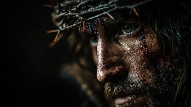Jesus christ with crown of thorns in dramatic lighting