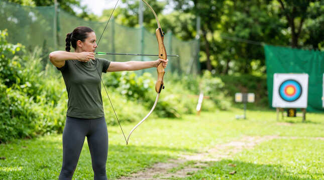 Female archer aiming a recurve bow at a target. Woman practicing archery outdoors on a grassy field