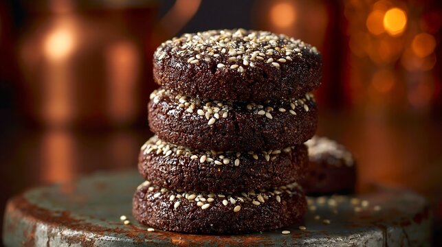 Stack of traditional dibs el kharroub biscuits with sesame seeds