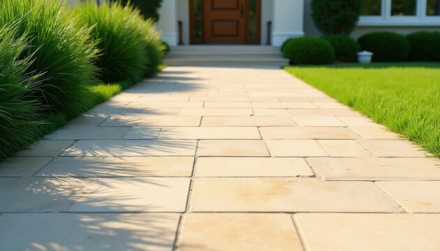 Cream stone path leads to house entrance. Lush green grass and ornamental plants border the walkway. Sunlight creates shadows on the patio. Natural exterior design elements for home.