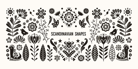 Scandinavian folk art silhouettes and floral shapes on white background © Ranu