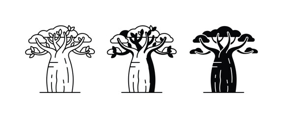 Baobab Tree Vector Icons: Silhouette, Outline, and Filled Styles for Nature and Africa © Rafiqur