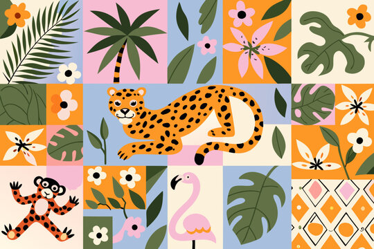 Tropical animal patchwork illustration with leopard monkey and flamingo