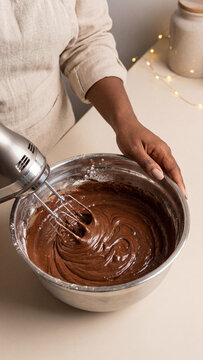 Hands of a Black woman using an electric mixer to blend thick chocolate batter in a metal bowl. Home baking process on a light background with warm fairy lights for atmosphere.