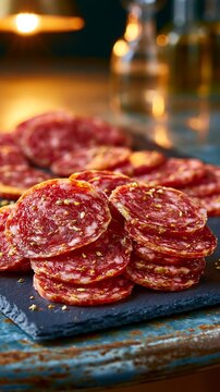 Finocchiona igp meat slices on a dark slate board