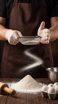 Man in a brown apron sifting white flour through a sieve onto a wooden table. Artistic motion with flour dust. Raw ingredients like eggs and a rolling pin for baking bread.