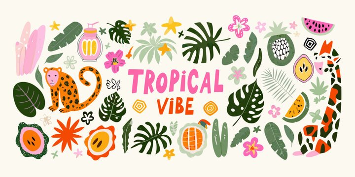 Tropical jungle illustration with plants fruits and a leopard