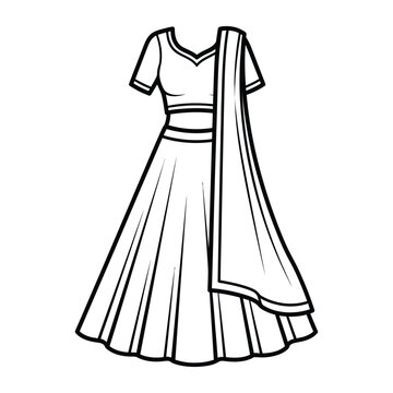 Lehenga choli traditional indian ethnic dress outline icon for bridal fashion design vector illustration with clean lines