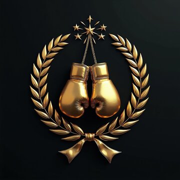 Golden boxing gloves hang within a laurel wreath. Stars adorn the top, signifying victory and championship status. This luxury emblem represents triumph in combat sports.