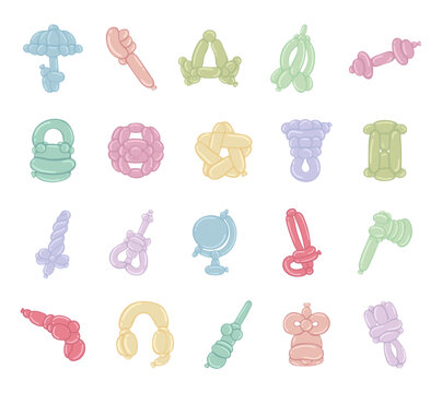 Balloon set in scandinavian style featuring umbrella toothbrush crown rocket dumbbell kettlebell ball star ring hourglass sword guitar globe sabre