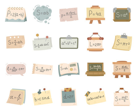 Geometry set featuring rectangle perimeter area triangle semiperimeter square circle circumference sector arc parallelogram trapezoid rhombus pythagorean theorem radian