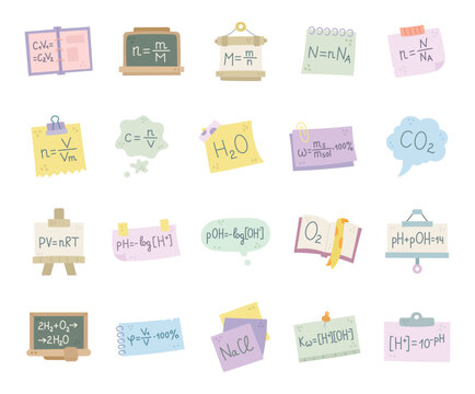 Chemical formula set featuring dilution molarity particles avogadro concentration water oxygen hydrogen chloride reaction clapeyron acidity hydroxide dioxide laboratory education