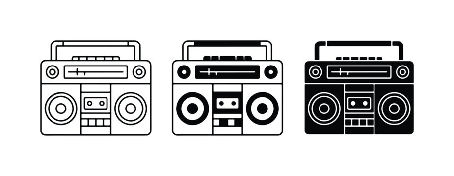 Retro boombox icon set, vintage radio cassette player vector, 80s music stereo system icons