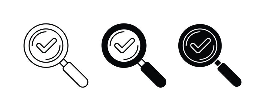 Magnifying glass check mark icon set, search verification symbols, quality audit vector graphics