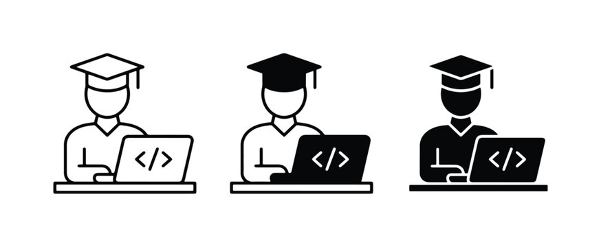 Coding student icon set, graduate programmer at laptop, online computer science education vector
