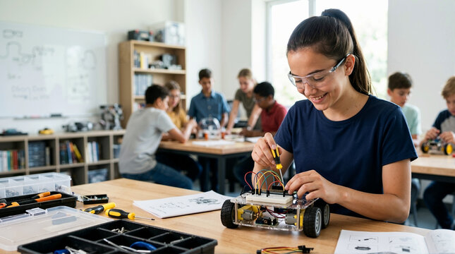 Smiling teenage girl building a robot with a screwdriver in a STEM class. Female student wearing safety glasses working on an engineering project in a school laboratory
