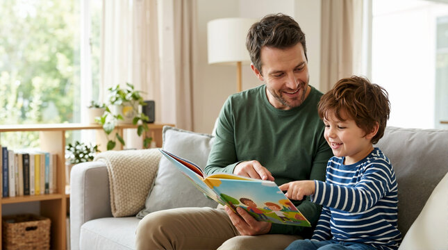 Happy father and son reading a picture book together on the couch. Smiling dad and child pointing at a storybook in a bright living room. Family bonding and early education concept